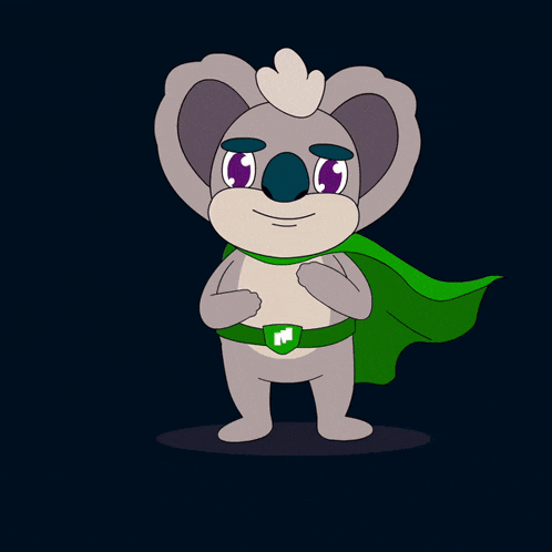 a cartoon koala wearing a green cape and a belt with the letter w on it