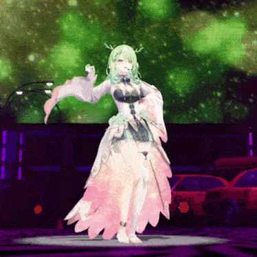 a girl in a pink and white dress is dancing in front of a large screen that says pay