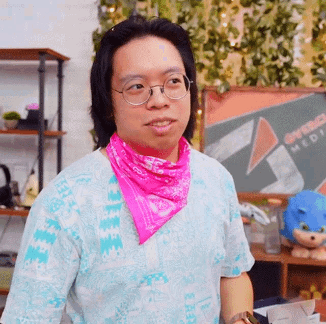 a man wearing glasses and a pink bandana is standing in front of a chalkboard that says ' sonic media '