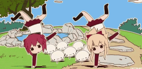 a cartoon of two girls doing a handstand in a park