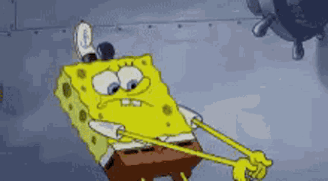 a cartoon of spongebob squarepants holding a rubber band around his waist .