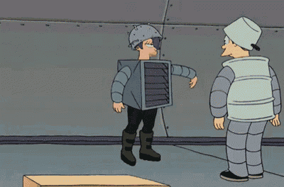 a cartoon of a man wearing a helmet and a box on his back
