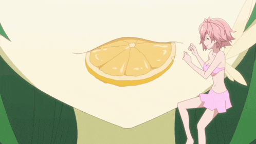 a girl in a pink skirt stands next to a slice of lemon