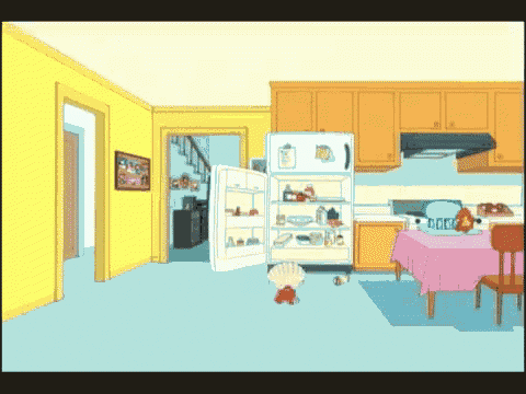 a cartoon of a kitchen with an open refrigerator and a table