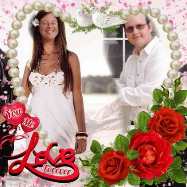 a man and a woman are standing next to each other in a heart shaped frame surrounded by roses and pearls .