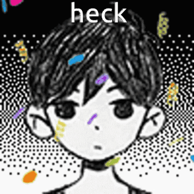 a black and white drawing of a boy 's face with the words `` heck '' written on it .