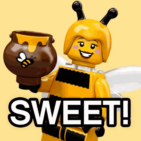 a lego bee is holding a pot of honey and the word sweet is below her