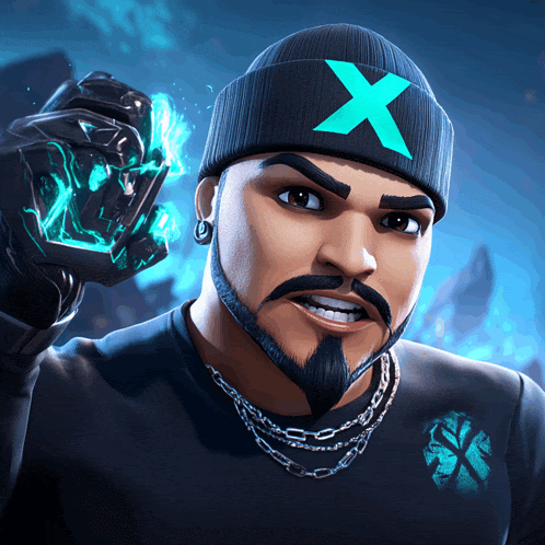 a man with a beard wearing a beanie with a blue x on it
