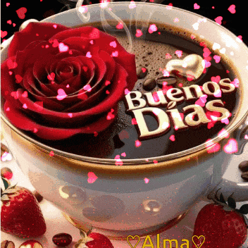 a cup of coffee with a rose and the words buenos dias written on it