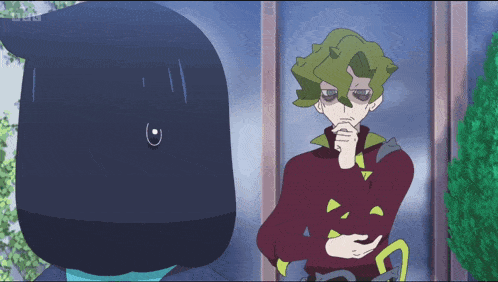 a cartoon character with green hair is standing next to a black character
