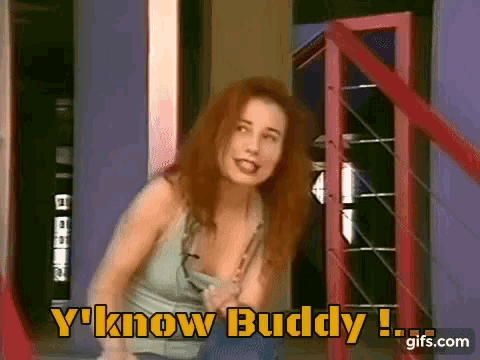 a woman with red hair is standing in front of a red door with the words y 'know buddy written above her