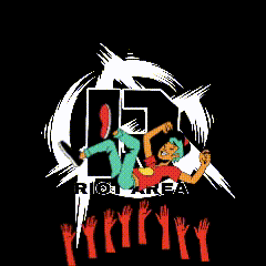 a cartoon drawing of a man jumping in the air with the letter l in the background
