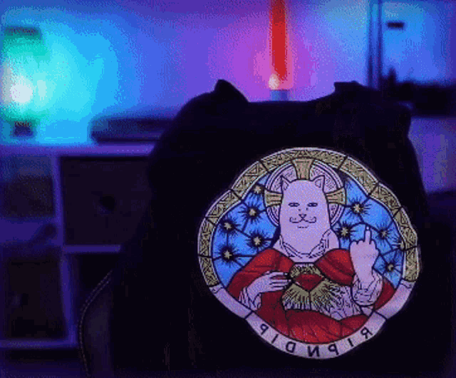 a black shirt with a picture of a cat giving the middle finger in a stained glass style