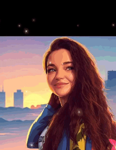 a pixel art painting of a woman with long hair and a sunset in the background