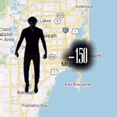 a silhouette of a man is flying over a map of miami with key biscayne in the background