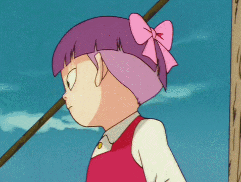 a cartoon character with purple hair and a pink bow