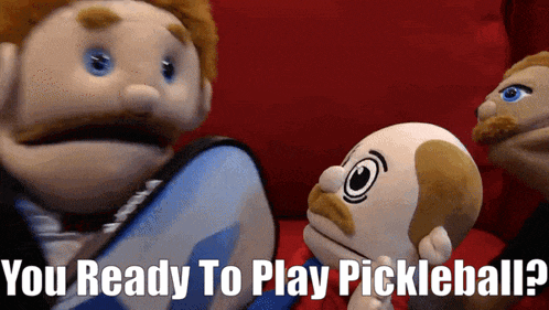 a group of puppets are sitting on a red couch and one of them is asking if they are ready to play pickleball