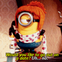 a minion with red hair is talking on a phone and says would you like to go out on a date uh no