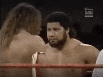 two men are wrestling in a boxing ring and one of them has a beard .