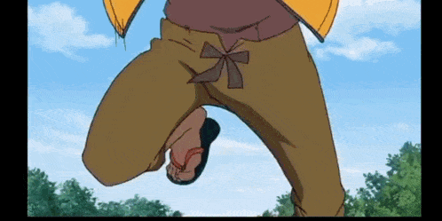 a cartoon character is jumping in the air while wearing sandals .