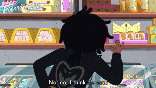 a cartoon character says no no i think it 's cool in front of a display