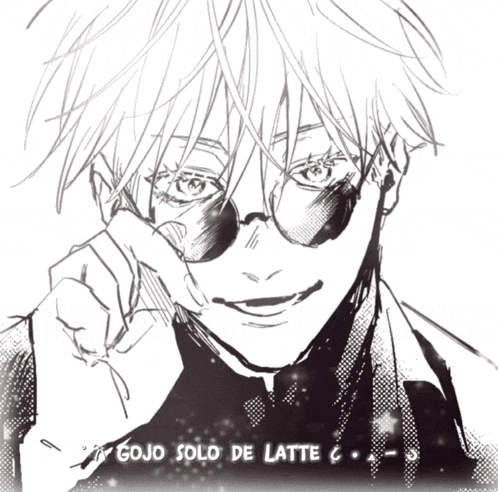 a black and white drawing of a man with the words gojo solo de latte written below him
