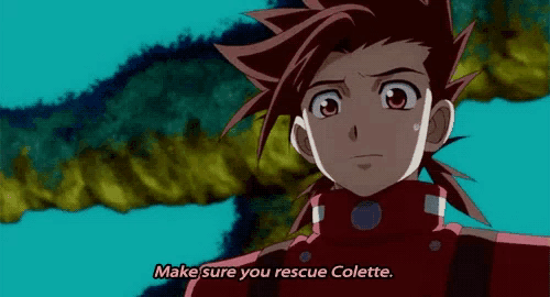 a boy in a red jacket is saying make sure you rescue colette