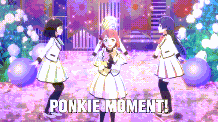 a group of anime girls are dancing on a stage and the words " ponkie moment " are above them