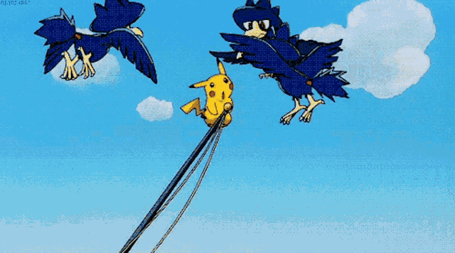 a cartoon drawing of three birds and a yellow pikachu flying in the air