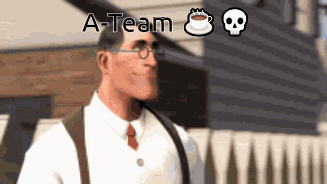 a man in a white shirt and tie with a skull and a cup of coffee above him