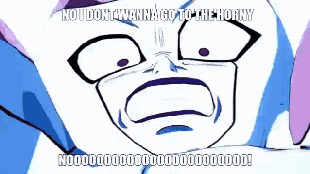 a cartoon character with the words no i dont wanna go to the horny on it