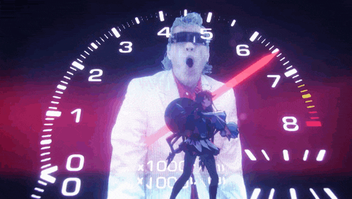 a man in a white suit is standing in front of a speedometer that shows the number 1