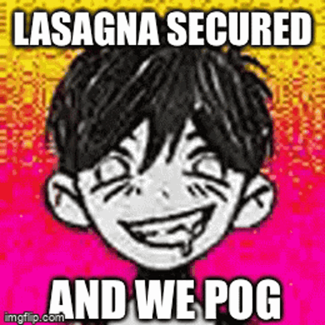a cartoon of a boy with a smiley face and the words lasagna secured and we pog .