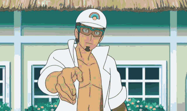 a cartoon character with a rainbow on his hat pointing at the camera