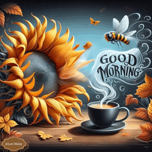an illustration of a sunflower and a cup of coffee with the words " good morning " above it