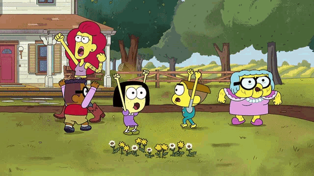 a group of cartoon characters standing outside of a house
