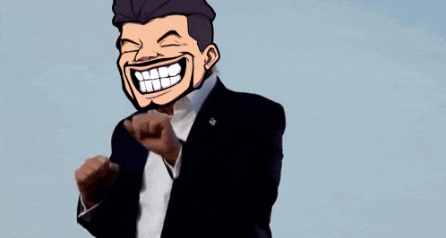 a cartoon of a man in a suit with a smiley face on his face