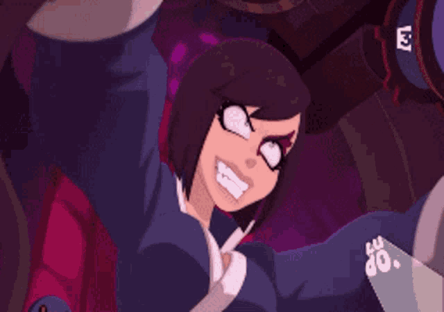 a cartoon of a girl with the letter e on the bottom right