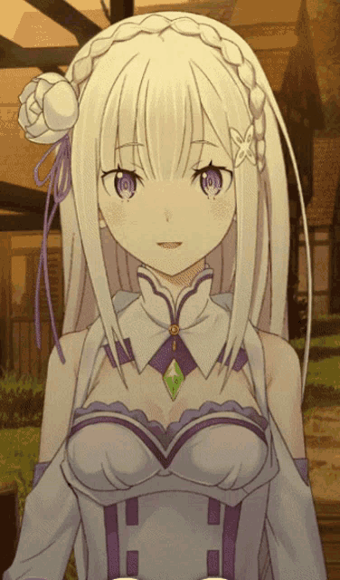 a girl with white hair and purple eyes has a diamond necklace around her neck