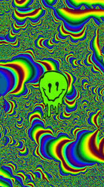 a green dripping smiley face is on a colorful background with a rainbow .