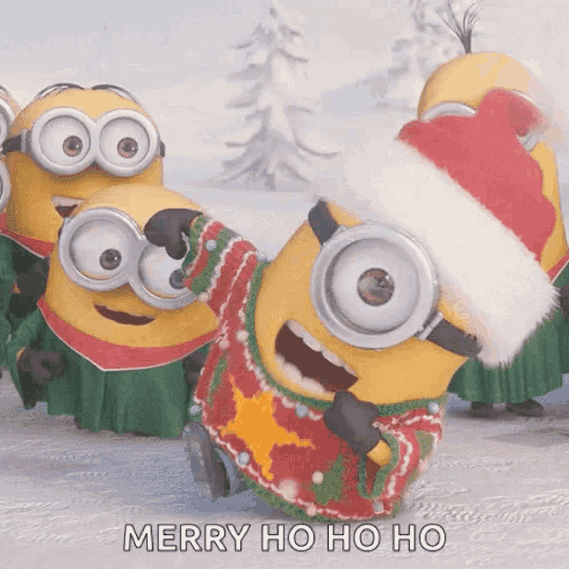a group of minions wearing santa hats and sweaters with the words merry ho ho ho written below them