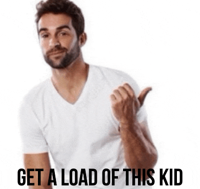 a man in a white shirt is giving a thumbs up with the words get a load of this kid written below him