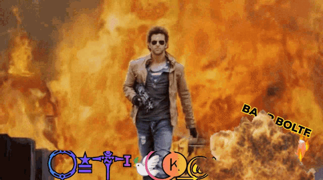 a man standing in front of an explosion with the words ba bolte on the bottom right