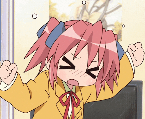 a cartoon girl with pink hair is making a funny face with her eyes closed