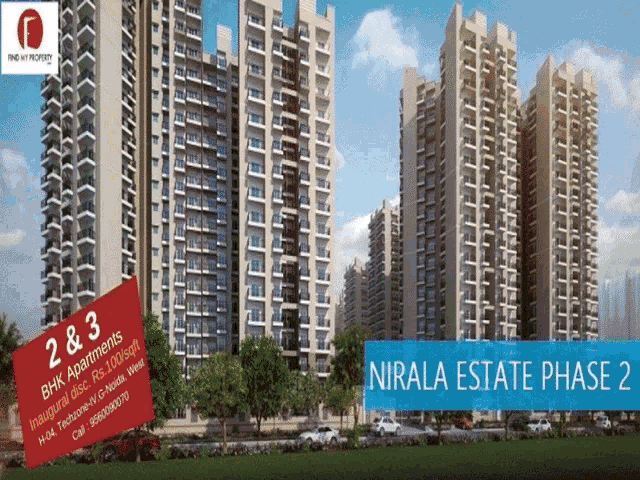 an advertisement for the nirala estate phase with a picture of the buildings