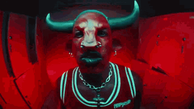 a man with horns is wearing a jersey that says nba
