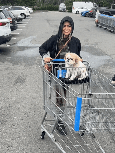 a woman is pushing a shopping cart with a dog in it