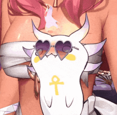 a cartoon drawing of a woman wearing sunglasses with an ankh symbol on her chest