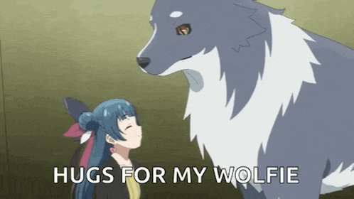 a girl is hugging a large wolf with the words `` hugs for my wolfie '' .