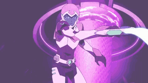 a cartoon character is holding a gun in front of a purple pillar .
